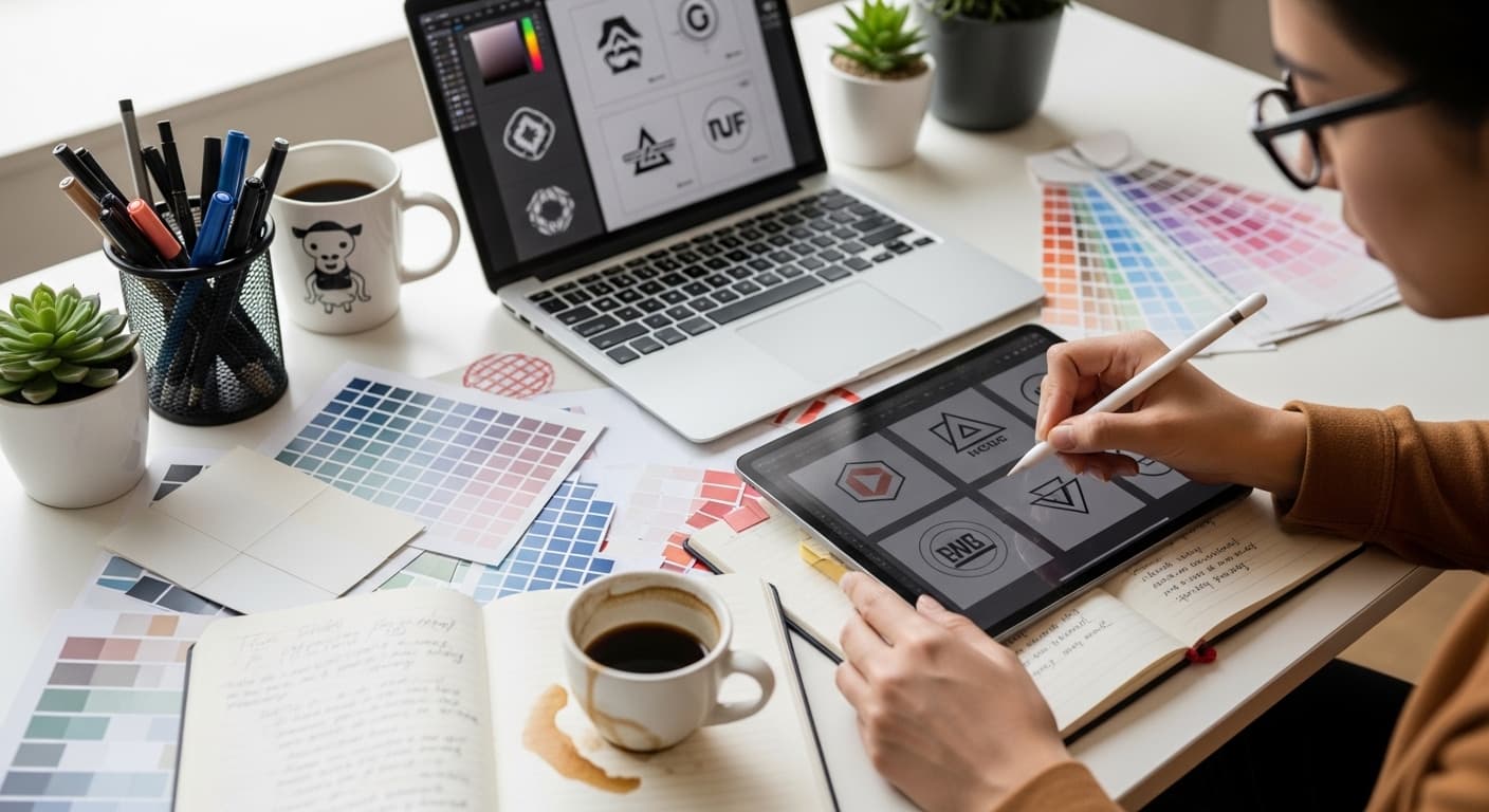 Marka kimliği tasarımı için renk, tipografi ve logo eskizleri